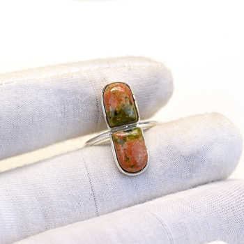 Handmade 925 Sterling Silver Fine Ring for Women Christmas Sale Natural Unakite Gemstone Bezel Setting 8x10mm Black Rhodium