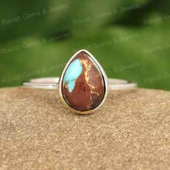 Superb Sell Natural Lava Copper Turquoise Pear Cabochon 10x14mm Solid 925 Sterling Silver Women Handcrafted Classical Ring