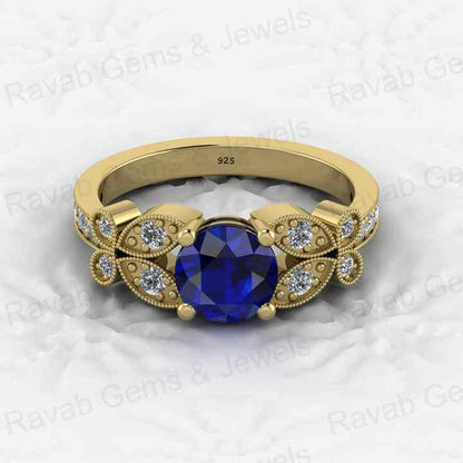 Beautiful Genuine 925 Silver Round Cut Blue Sapphire Quartz With CZ Gold Vermeil Eternity Prong Women Designer Ring Fine Jewelry