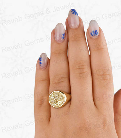 Best Selling 925 Silver Gold Vermeil 14mm Scottish Thistle Flower Engraved Monogram Signet Ring Customized Fine Jewelry for Men