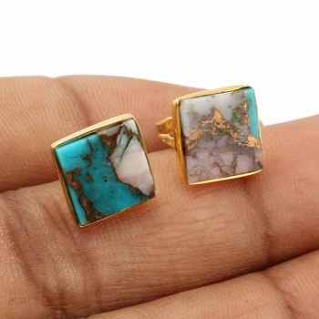 Top Selling Mohave Pink Opal Copper Turquoise Gemstone Jewelry High Polished Gold Plated Sterling Silver Stud Earrings for Girls