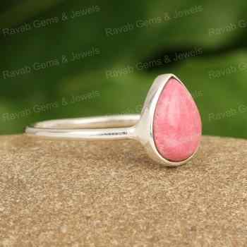 Best Quality 10x14mm Solid 925 Sterling Silver Ring Handmade Simple Bezel Setting Natural Pink Thulite Pear Cabochon Fine Rings