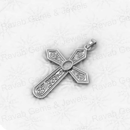 High Quality 925 Sterling Silver 50mm Floral Cross Semi Mounting Blank Setting Charm Pendant Good for Gemstone Jewelry Findings