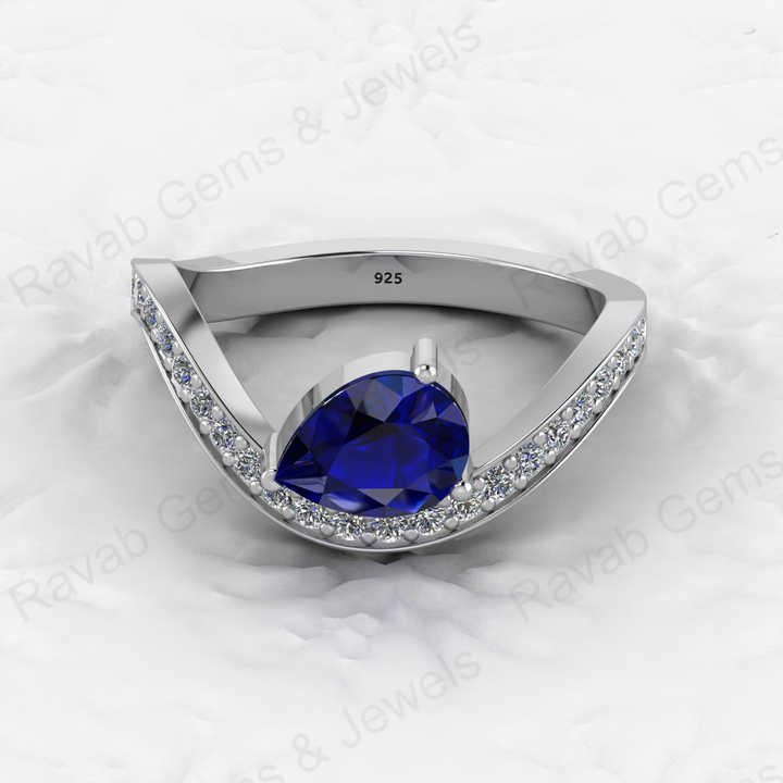 To Quality 925 Silver Faceted 6x8mm Pear Blue Sapphire Hydro With CZ Gold Vermeil Eternity Band Prong Women Ring Fine Jewelry