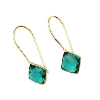 Top Solid 925 Sterling Silver Women's Drop Dangle Earrings Green Teal Sapphire Hydro 12mm Cushion Checker Cut 18K Gold Dangle