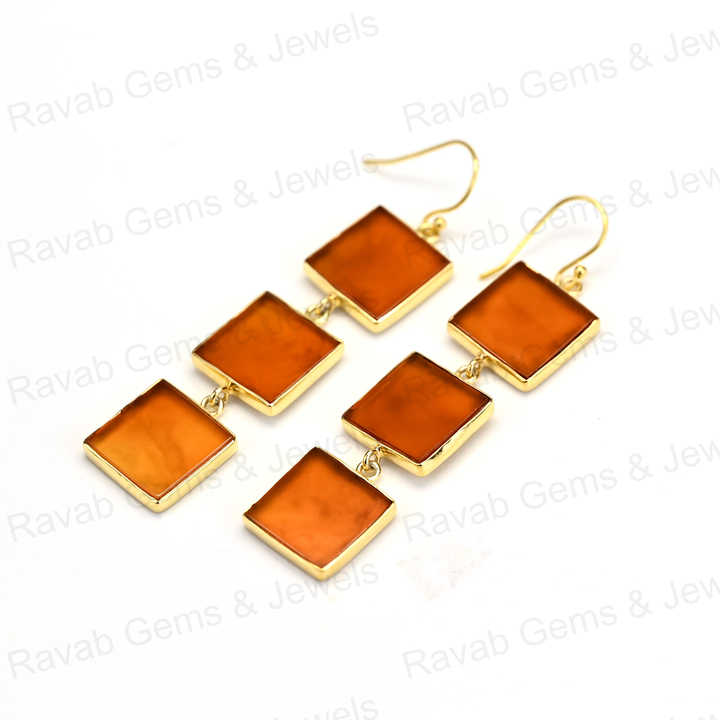 Best Quality Solid 925 Sterling Silver 10mm Natural Carnelian Square Flat Smooth 18k Gold Plated Dangle Drop Earring for Women