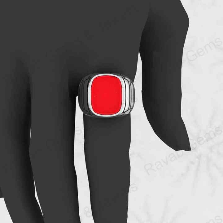 Best Selling Solid 925 Sterling Silver Smooth Red Coral Octa Cushion Shape Signet Ring for Men Customized Handmade Jewelry
