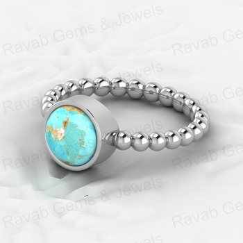 Best Selling 925 Sterling Silver Fine Ring for Women 8mm Natural Arizona Turquoise Stone Beaded Band with Bezel