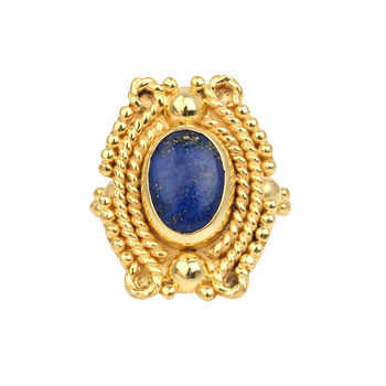 Best Selling Designer Boho Oval Shape Ring Women 10x14mm Lapis Lazuli Gemstone Bezel 18k Gold Plated Sterling Silver Fine