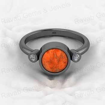 Fine Fashion Unisex Ring High Quality 925 Sterling Silver 8mm Orange Mohave Sponge Coral Band CZ High Quality Solid Sterling