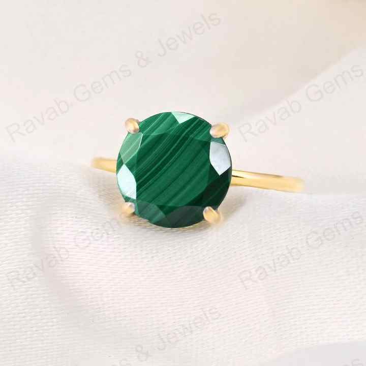 Best Selling 10mm Natural Malachite Gemstone Round Faceted Cut Genuine 925 Silver Gold Vermeil Eternity Women Ring Fine Jewelry