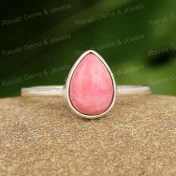 Best Quality 10x14mm Solid 925 Sterling Silver Ring Handmade Simple Bezel Setting Natural Pink Thulite Pear Cabochon Fine Rings