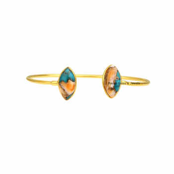 18K Gold Plated 925 Silver Dainty Marquise Cuff Bangle 8x16mm Natural Spiny Oyster Copper Turquoise Gemstone Fine Bracelet