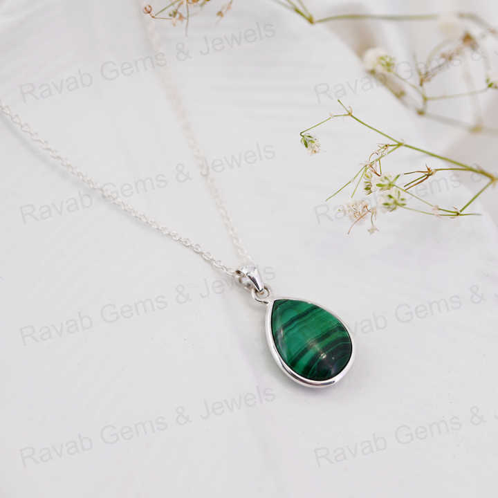 Top Selling 925 Silver Pendant Necklace for Women Handmade 12x16mm Teardrop Natural Malachite Healing Crystal Bezel Fine Jewelry