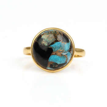 18K Gold Plated Pure 925 Sterling Silver Dainty 12mm Bezel Ring for Women Blue Black Copper Turquoise Trendy Unisex for Parties