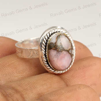 New Arrival Boho Designer Women's Ring Handmade Natural Pink Copper Turquoise Gemstone Bezel Setting Rhodium for Anniversaries
