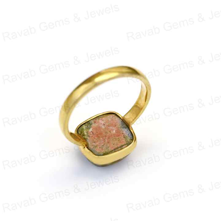 Hot Selling Solid 925 Sterling Silver Natural Unakite Cushion Shape 12mm Bezel Setting 18k Gold Filled Fine Ring for Women