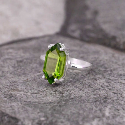 Superb Quality Solid 925 Sterling Silver Green Peridot Hydro Hexagon Shape 12x16mm Prong Setting Ring For Women Fine Jewelry