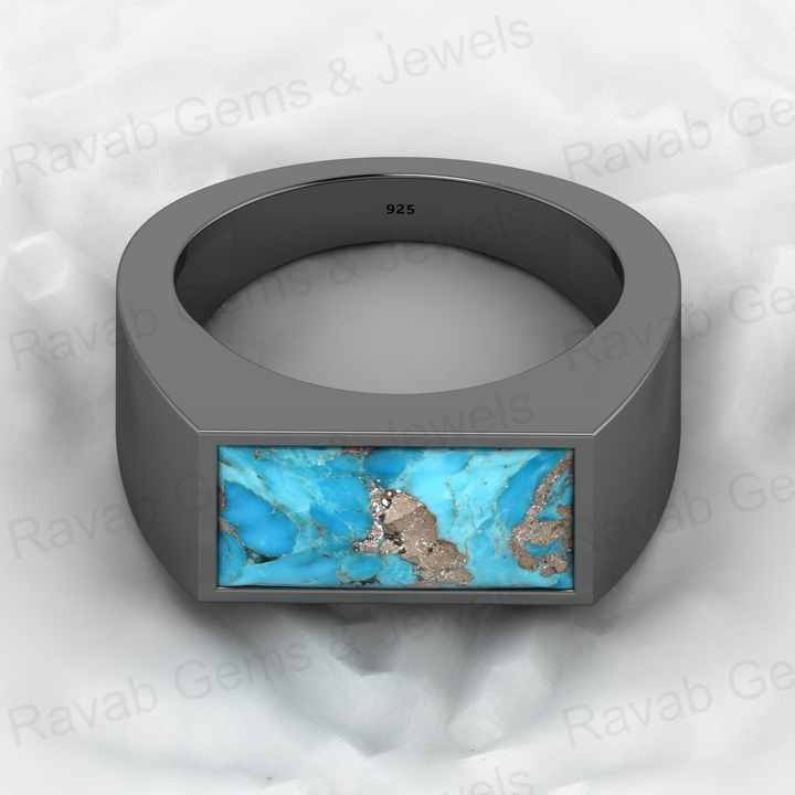 Top Selling Genuine 925 Silver 7x14mm Rectangle Pyrite & Turquoise Gemstone Bezel Sating Signet Ring for Men Wedding Jewelry