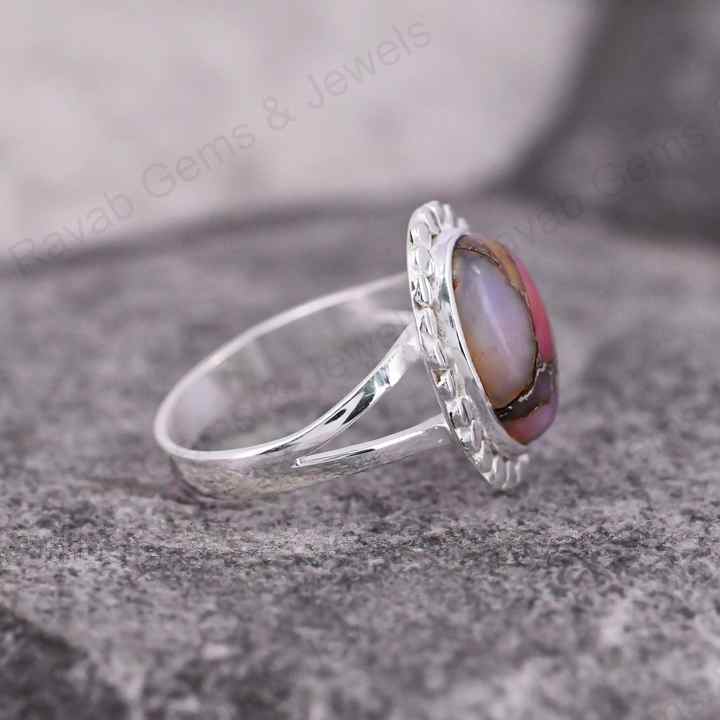 Handmade 925 Silver Designer Bezel Ring Mohave Pink Opal Copper Cabochon Gemstone 10x14mm Solid Rhodium Plated Fine Jewelry