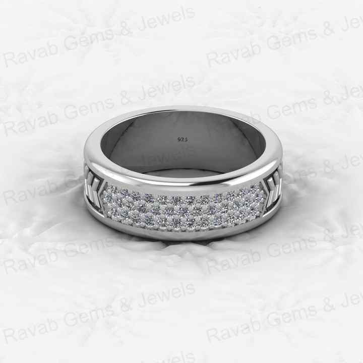 Top Quality 925 Silver Vermeil Cuban Curb Arrow Bar Round Cut CZ Eternity 7mm Wide Band Men's Ring for Personalized Fine Jewelry