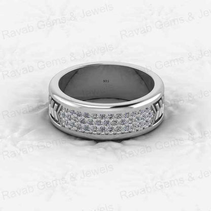 Top Quality 925 Silver Vermeil Cuban Curb Arrow Bar Round Cut CZ Eternity 7mm Wide Band Men's Ring for Personalized Fine Jewelry