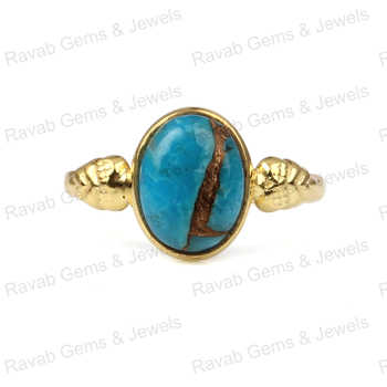 Best Selling Women's Vintage 10x14mm Oval Shape Handmade Genuine Smithsonite Copper 925 Sterling Silver 18K Gold Fill Fine Rings