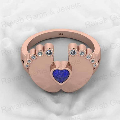 Top Selling Genuine 925 Sterling Silver 4X4mm Heart New Baby Born Foot Lapis Lazuli With CZ Cocktail Ring for Women Jewelry
