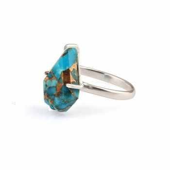 New Arrival Solid 925 Sterling Silver Natural Mohave Copper Turquoise 7x15mm Fancy Shape Prong Setting Ring for Women Jewelry
