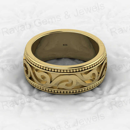 New Design Genuine 925 Sterling Silver Eternity 8mm Wide Band Gold Vermeil Floral Swirl Engraving Ring Personalized Fine Jewelry