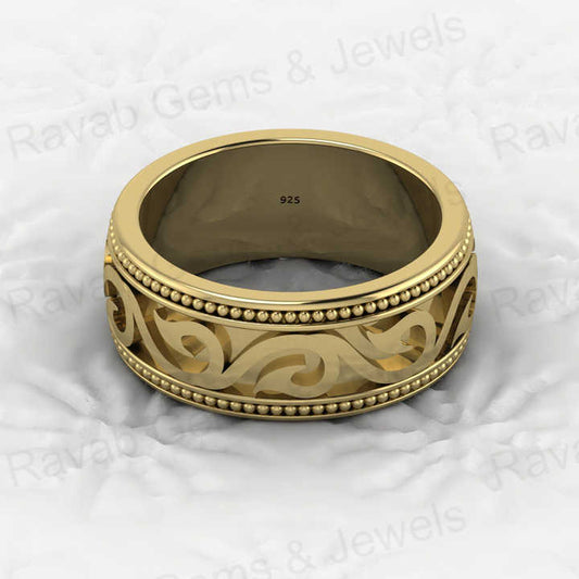New Design Genuine 925 Sterling Silver Eternity 8mm Wide Band Gold Vermeil Floral Swirl Engraving Ring Personalized Fine Jewelry