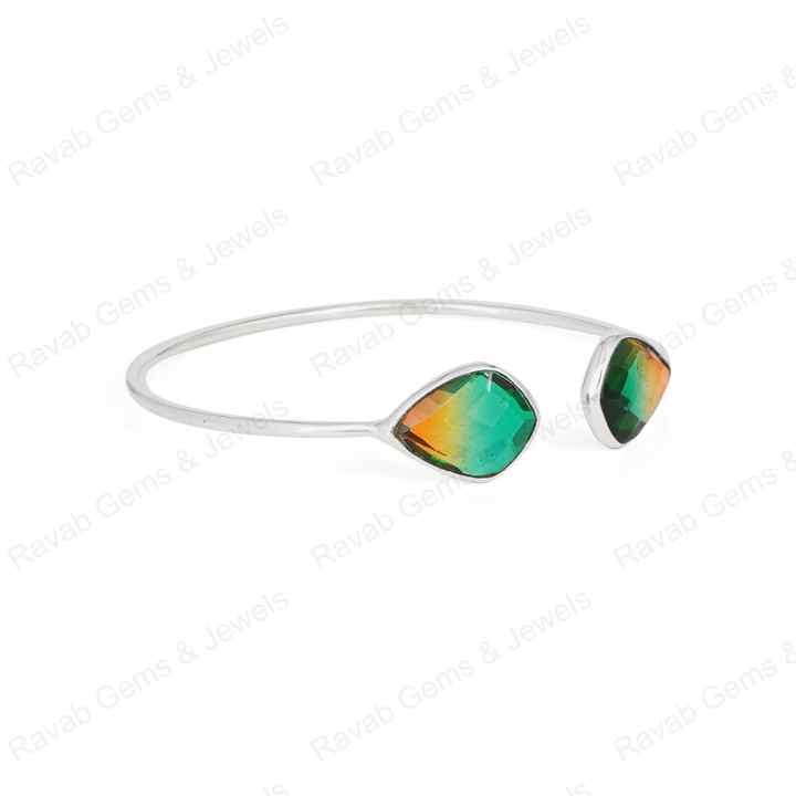 Genuine Solid 925 Sterling Silver Watermelon Tourmaline Kite Shape Checker Cut Bezel Setting Adjustable Gift Bangle For Women