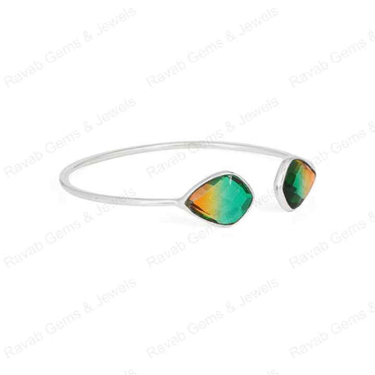 Genuine Solid 925 Sterling Silver Watermelon Tourmaline Kite Shape Checker Cut Bezel Setting Adjustable Gift Bangle For Women