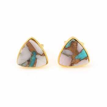 Handmade Copper Turquoise & Natural Pink Opal Trillion Cut Sterling Silver Gemstone Fine Stud Earrings Gold Plated Fine Jewelry