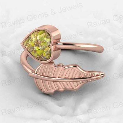 New Arrival 18K Gold Plated Genuine 8mm Heart 925 Silver Peridot Copper Turquoise Adjustable Leaf Design Ring for Women Jewelry