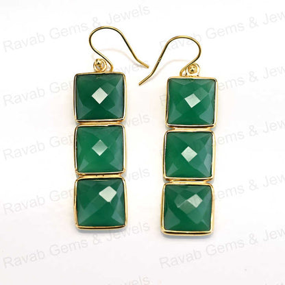 Best Quality Solid 925 Sterling Silver 10mm Natural Green Onyx Square Checker Cut 18k Gold Plated Dangle Drop Earring for Women