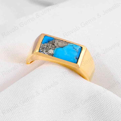 Best Selling 7x14mm Natural Pyrite Turquoise Gemstone Handmade 925 Silver Rectangle Vermeil Eternity Ring Fine Jewelry For Men's