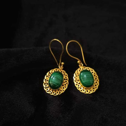 Top Quality Genuine Green Malachite 10x14mm Oval Shape Bezel Setting Solid 925 Sterling Silver 14k Gold Plated Dangle Earring