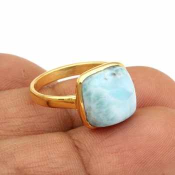 Handmade 12mm Larimar Gemstone Bezel Ring Simple Cushion Stone Design 18K Gold Plated Silver Beautiful Fine Jewelry for Women