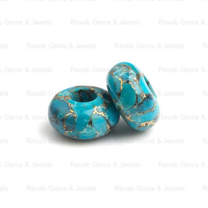 14x8mm Natural Polished Blue Copper Turquoise Rondelle Shape Smooth Big Hole Size Calibrated Gemstone Beads for Making Jewelry