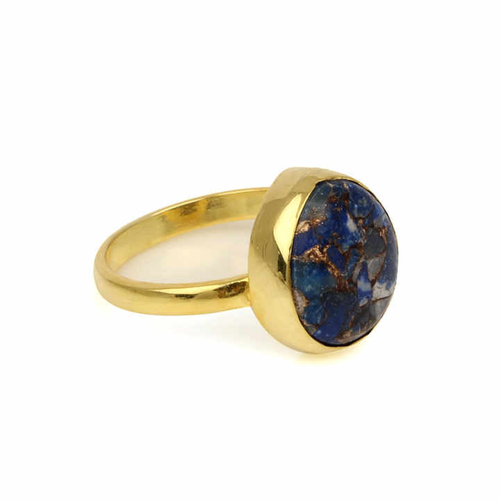 Top Selling 12x13mm Mohave Lapis Lazuli Copper Gemstone Handmade Gold Vermeil Eternity 925 Silver Bezel Women Ring Fine Jewelry