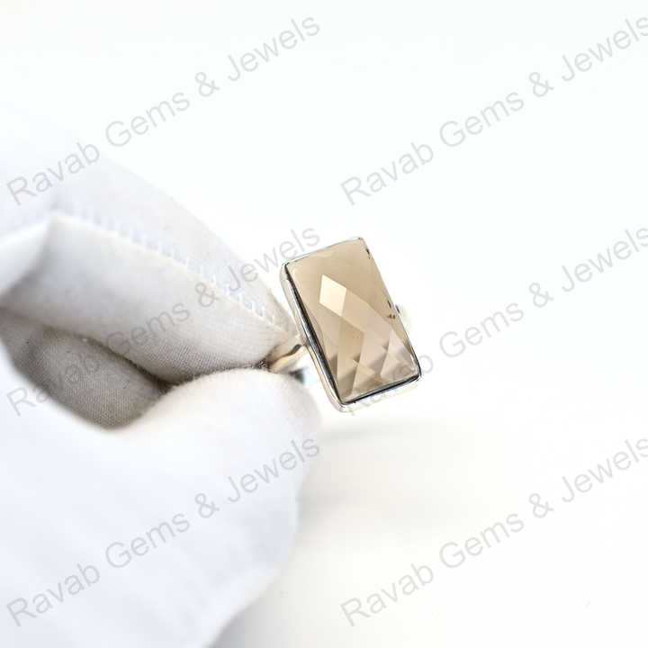 Top Quality Solid 925 Sterling Silver Smoky Quartz Checker Cut Rectangle Shape Bezel Setting Ring for Women Handmade Jewelry