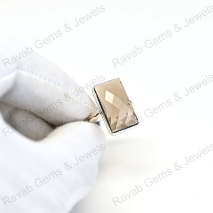 Top Quality Solid 925 Sterling Silver Smoky Quartz Checker Cut Rectangle Shape Bezel Setting Ring for Women Handmade Jewelry