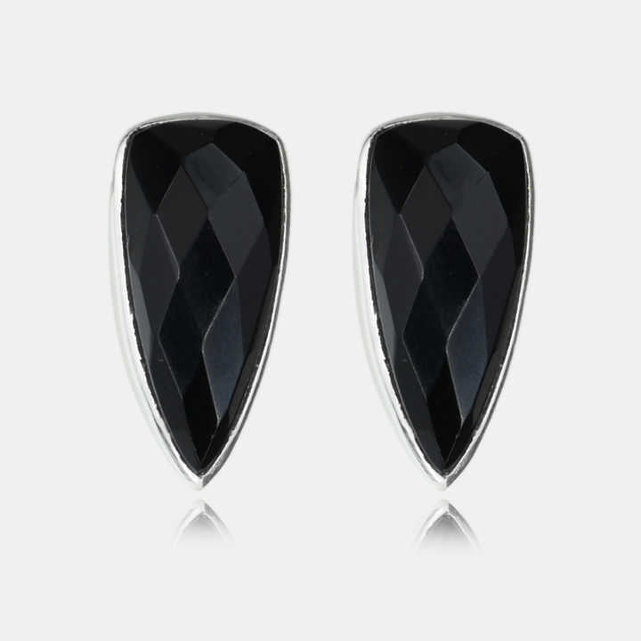 Best Quality 925 Solid Sterling Silver Women's Shield Shape Stud Earring Natural Black Onyx Checker Cut 10x20mm Bezel Gift