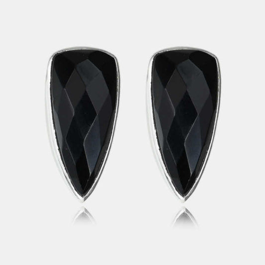 Best Quality 925 Solid Sterling Silver Women's Shield Shape Stud Earring Natural Black Onyx Checker Cut 10x20mm Bezel Gift