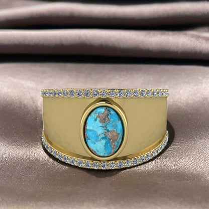 Top Selling Boho Style Women's Fine Ring Handmade 925 Silver Vermeil Natural Pyrite Turquoise Gemstone Cabochon CZ Eternity Oval