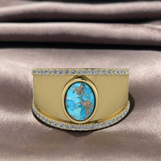 Top Selling Boho Style Women's Fine Ring Handmade 925 Silver Vermeil Natural Pyrite Turquoise Gemstone Cabochon CZ Eternity Oval