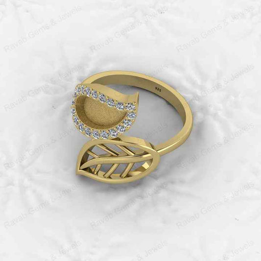 Genuine 925 Silver Nature Inspired Leaf With CZ Semi Mount Blank Setting Ring Good for Resin & Ashes Work Keepsake DIY Jewelry