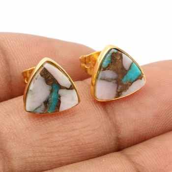 Handmade Copper Turquoise & Natural Pink Opal Trillion Cut Sterling Silver Gemstone Fine Stud Earrings Gold Plated Fine Jewelry