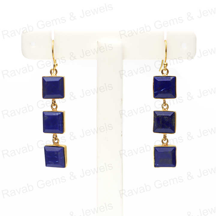 New Arrival Solid 925 Sterling Silver Natural Lapis Lazuli 10mm Square Cut 18k Gold Plated Dangle Drop Fine Earring for Women